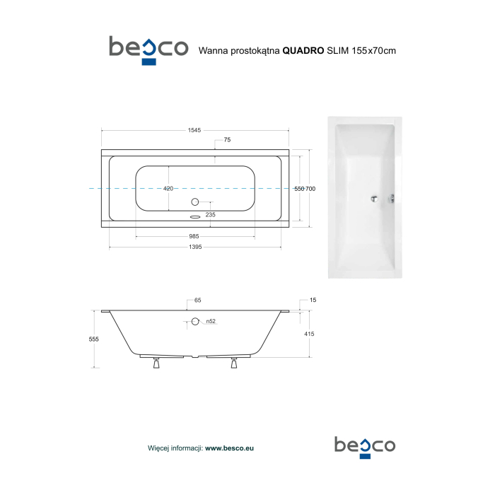 Besco Quadro Slim wanna prostokątna 155x70 WAQ-155-SL